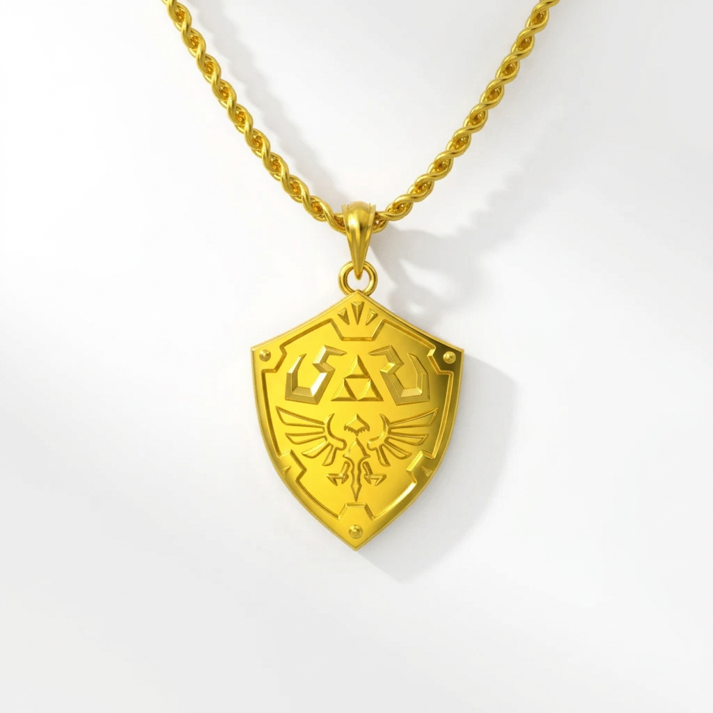 Gold necklace with a shield pendant on a white background