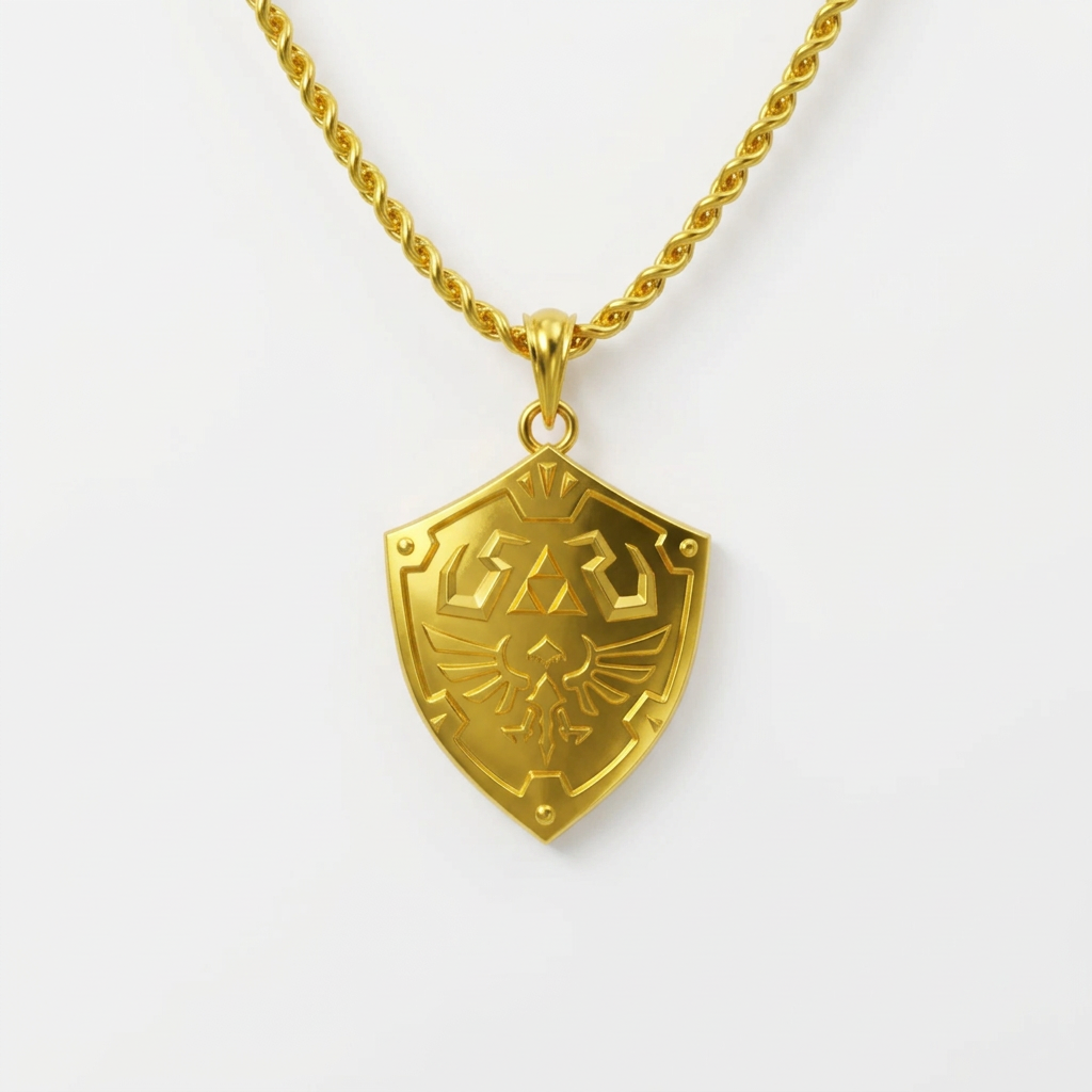 Gold necklace with a shield-shaped pendant on a white background