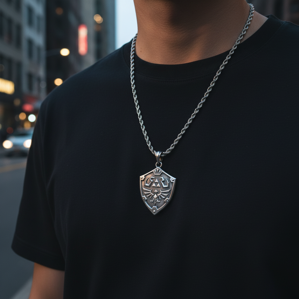 Person wearing a black t-shirt with a silver necklace featuring a shield pendant on an urban street.
