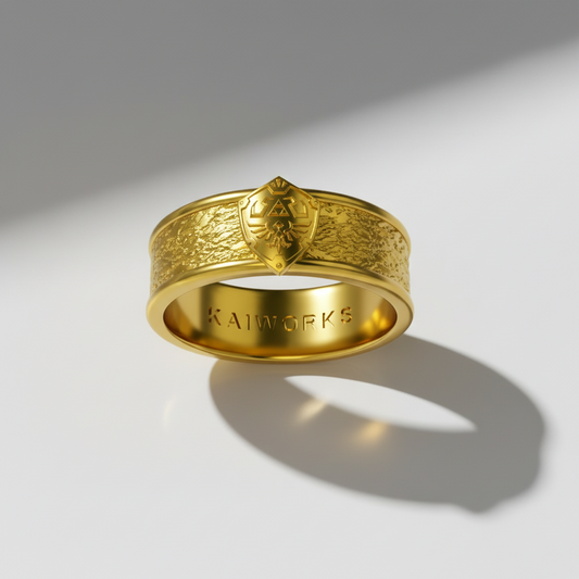 A 14K gold ring with a textured band and a shield emblem at the top, set on a wooden surface.