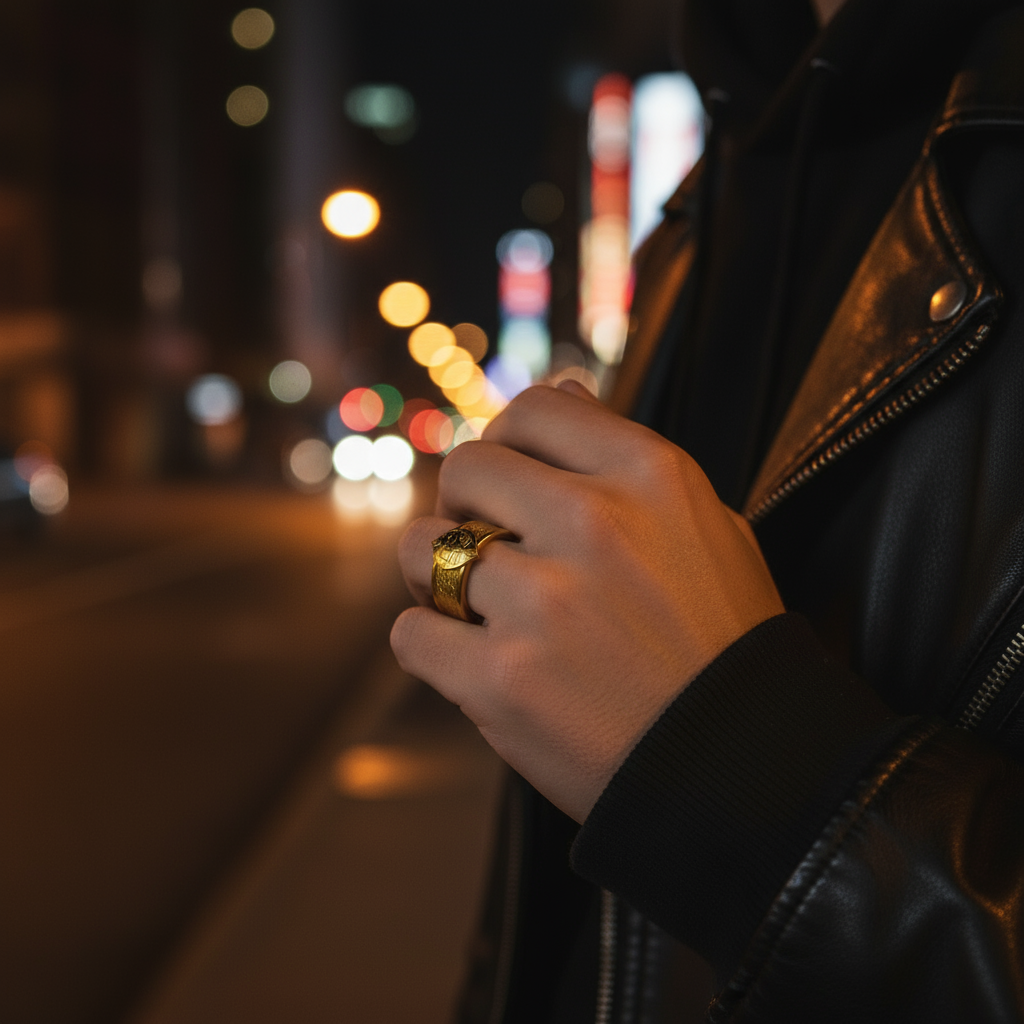 Hand wearing a gold ring with a blurred city street background at night