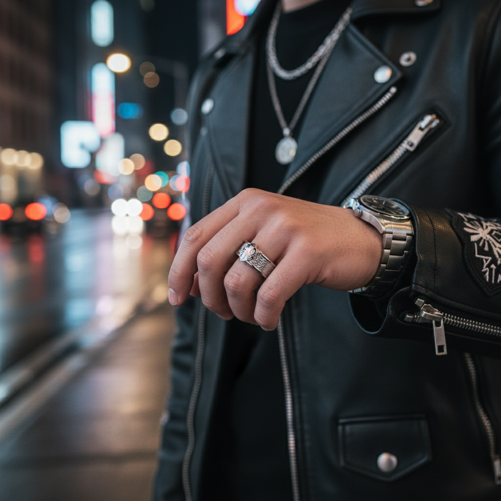 Person wearing a black leather jacket with a blurred city street background