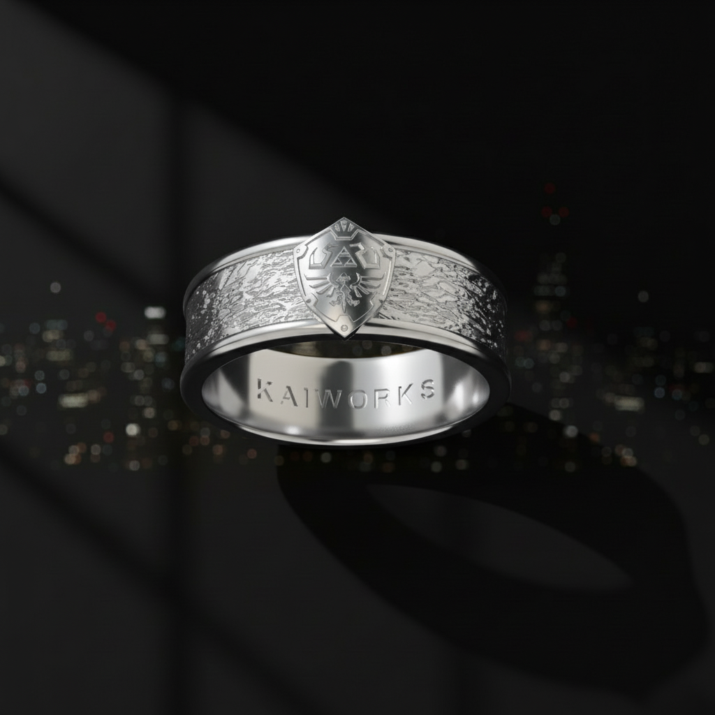 Silver ring with intricate design on a dark background