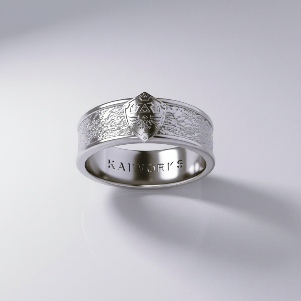 Silver ring with intricate design and 'Kaiyorks' branding on a light gray background