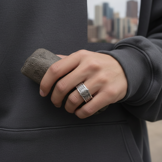 Hand wearing a silver ring with a detailed design, holding a stone against a blurred cityscape background.
