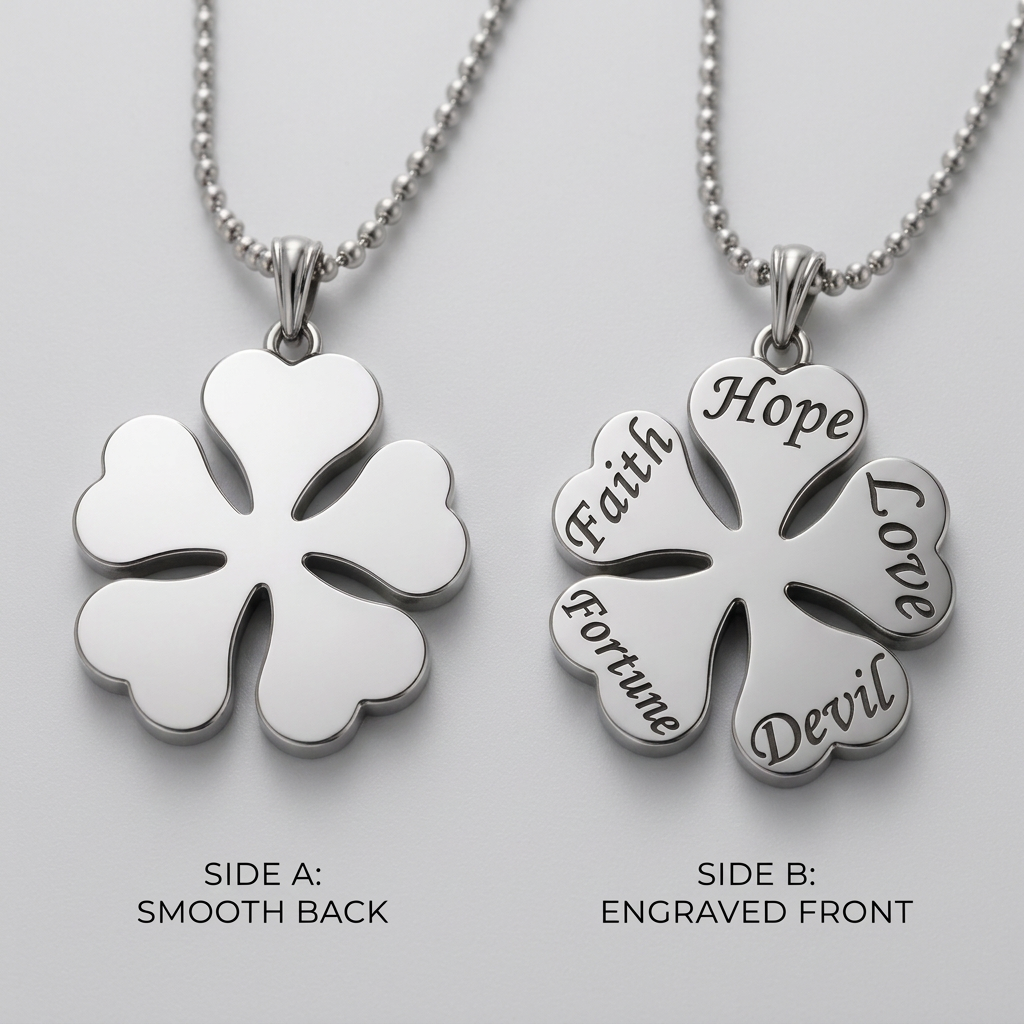 Silver four-leaf clover pendant with engraved text on a black background