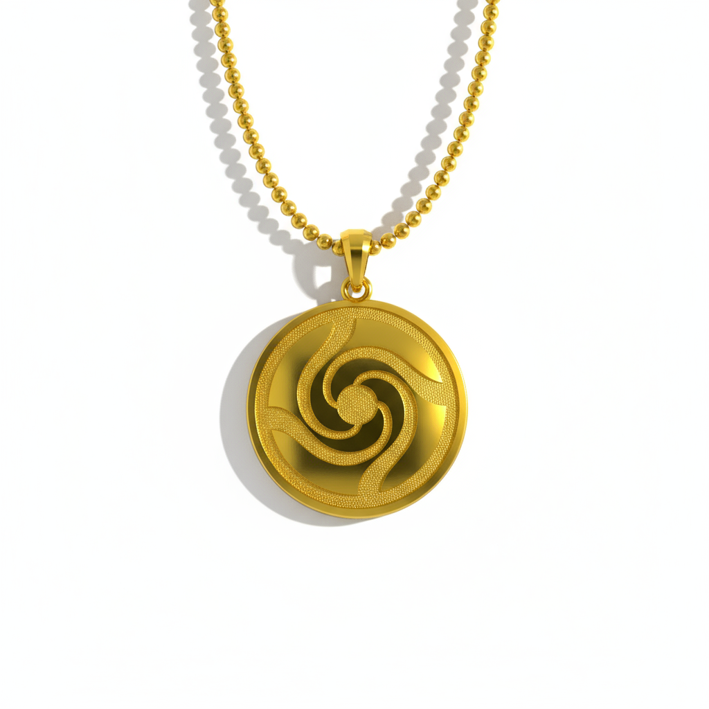 A solid 925 sterling silver pendant with an 18K gold vermeil finish, featuring a circular design with a spiral pattern in the center, displayed against an anime-themed background.