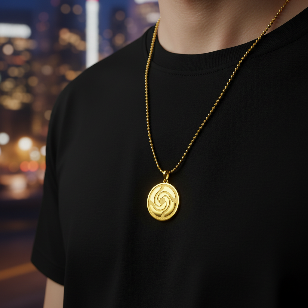 Person wearing a gold necklace with a pendant against a blurred cityscape background