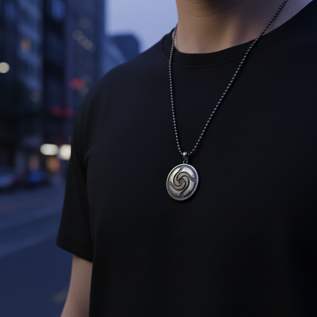 Person wearing a black shirt with a necklace featuring a circular pendant.