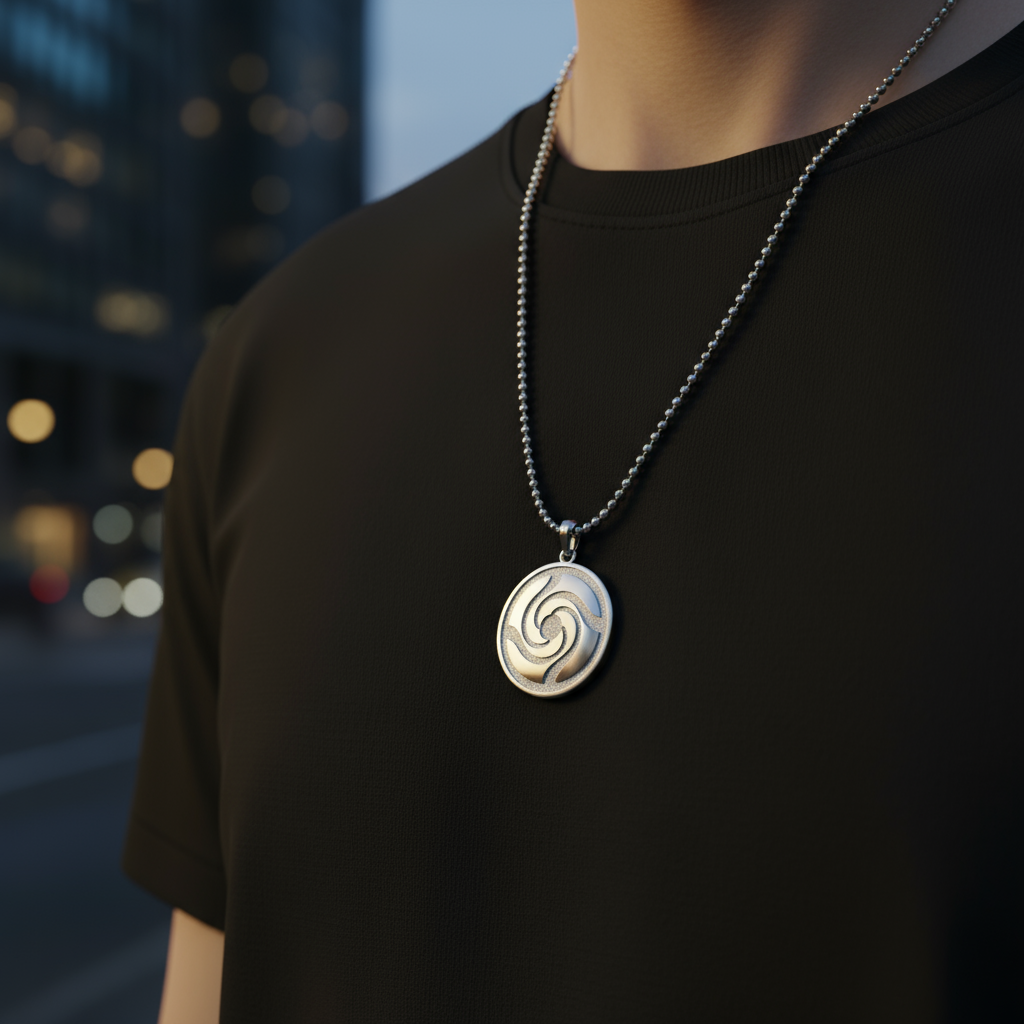 Person wearing a black shirt with a silver necklace featuring a circular pendant.