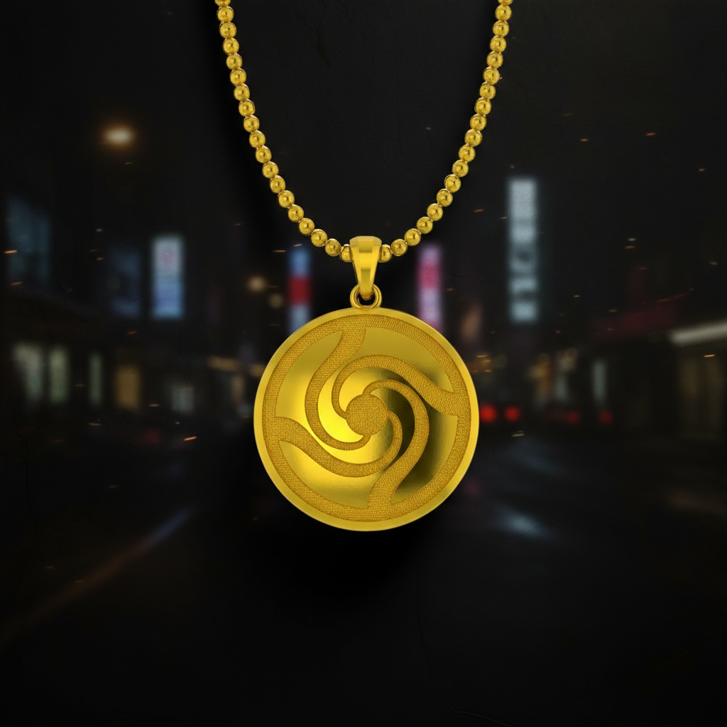 Gold pendant necklace on a dark gray background