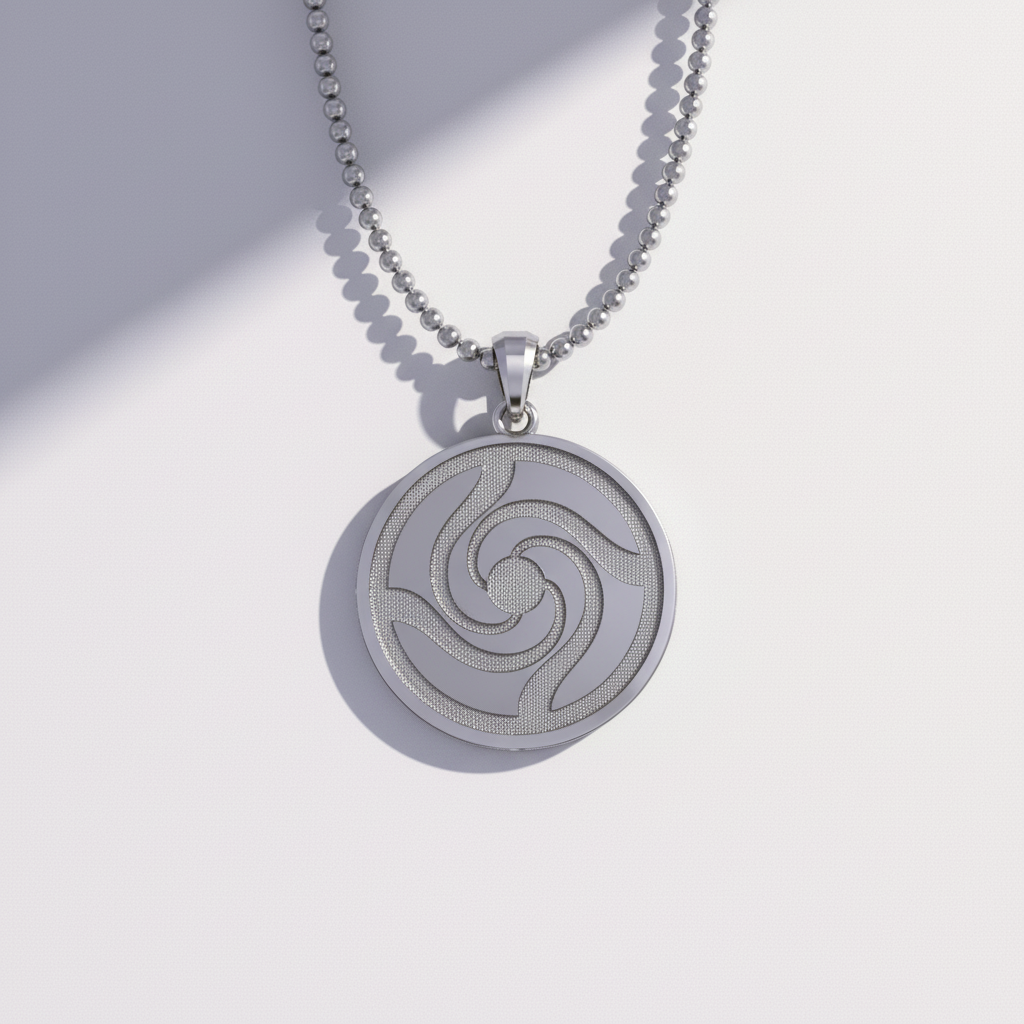 A solid 925 sterling silver pendant with an 18K gold vermeil finish, featuring a circular design with a spiral pattern in the center, displayed against an anime-themed background.
