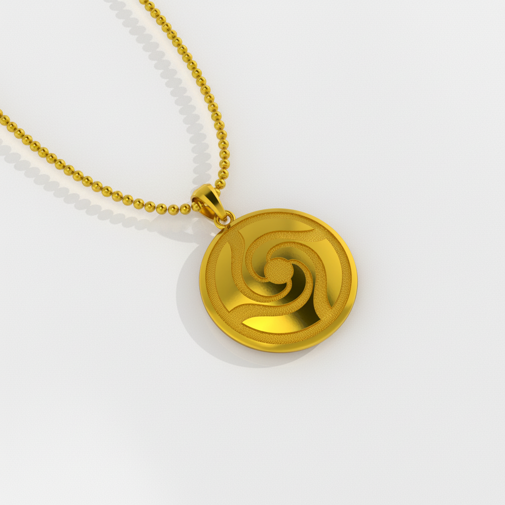 Gold necklace with a spiral pendant on a white background