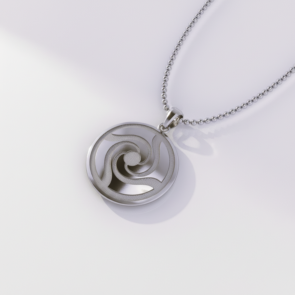 Silver necklace with a circular pendant on a white background