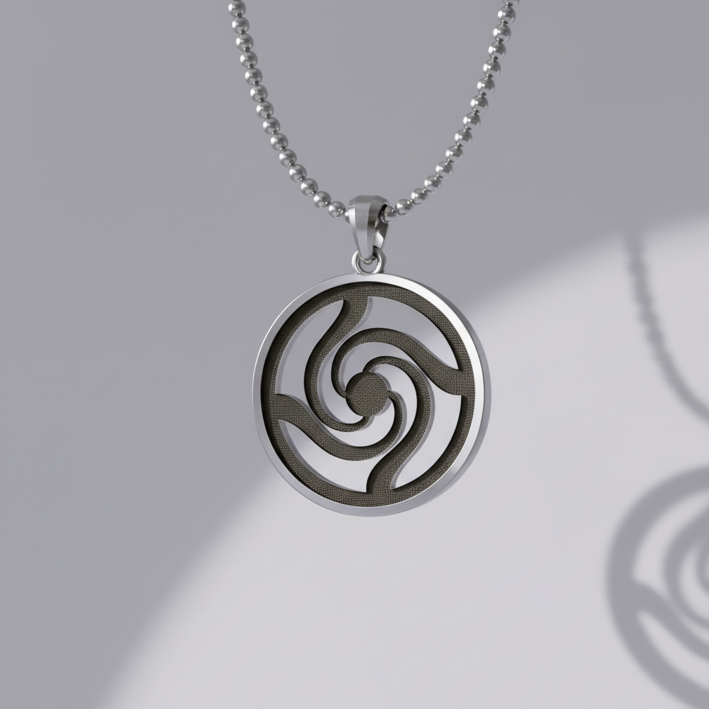 A solid 925 sterling silver pendant with an 18K gold vermeil finish, featuring a circular design with a spiral pattern in the center, displayed against an anime-themed background.