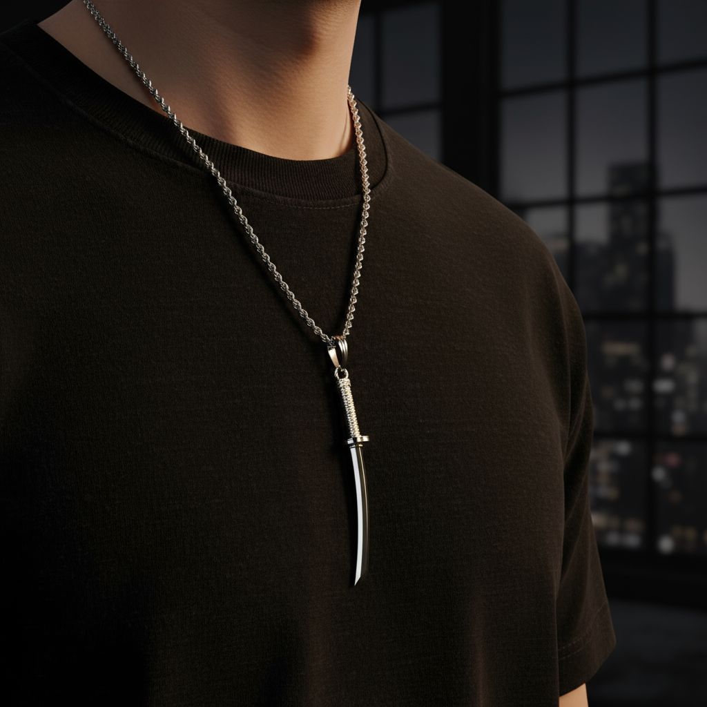 Person wearing a black t-shirt with a unique necklace featuring a dagger pendant.
