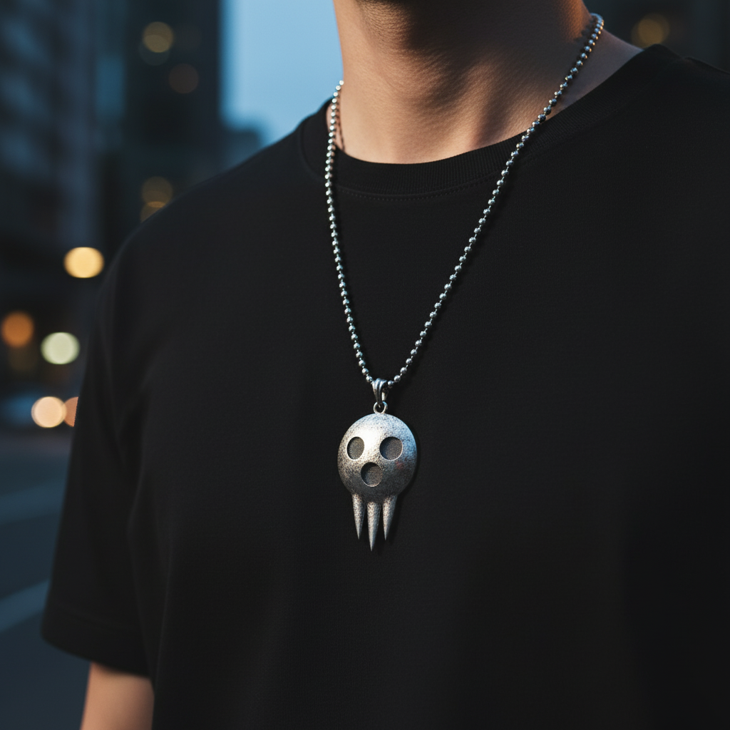 A silver pendant with a circular design featuring three eyes in a row, set against a textured background resembling a character from an anime series.