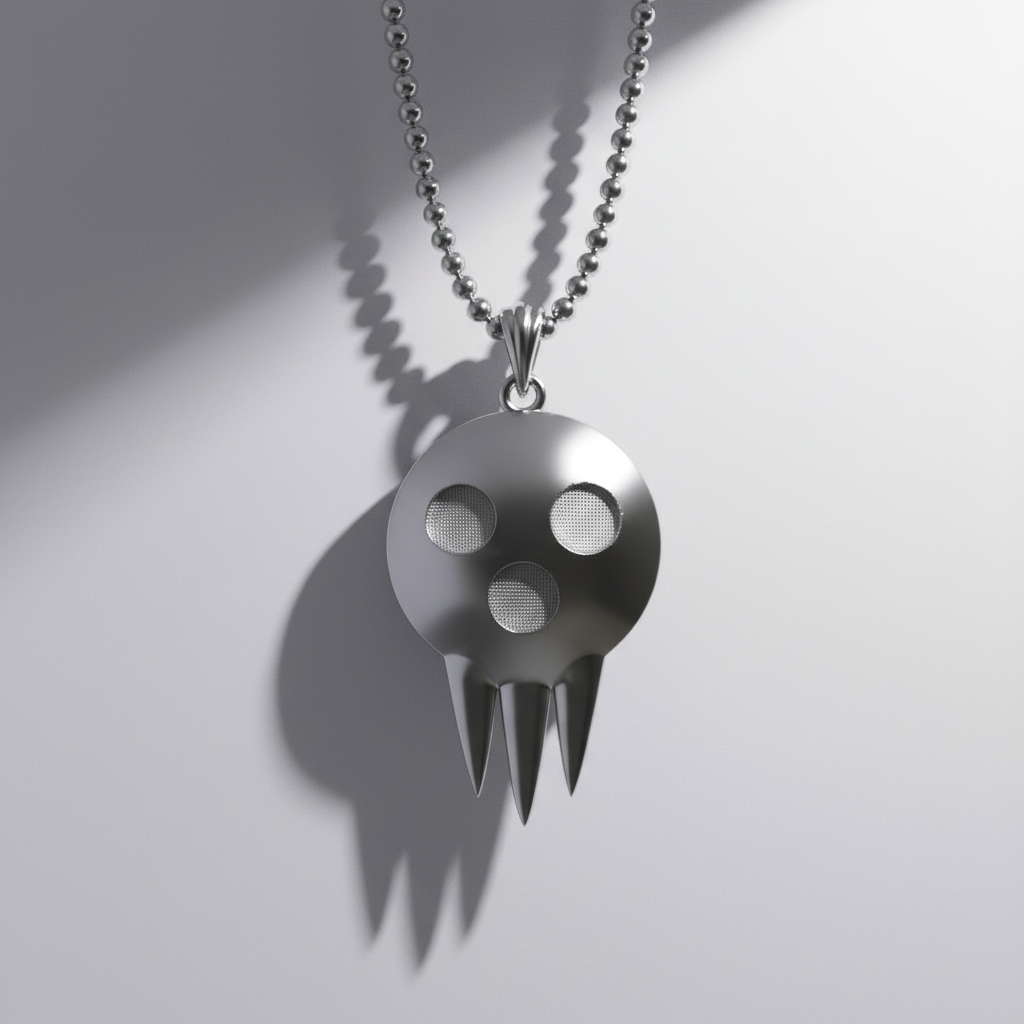 A silver pendant with a circular design featuring three eyes in a row, set against a textured background resembling a character from an anime series.