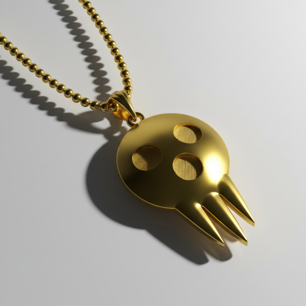 Gold necklace with a unique pendant on a light gray background