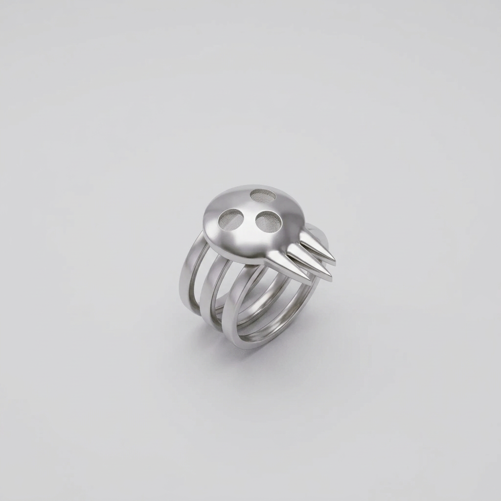 An anime-inspired ring with a character holding a skull-like design, evoking a gothic aesthetic.