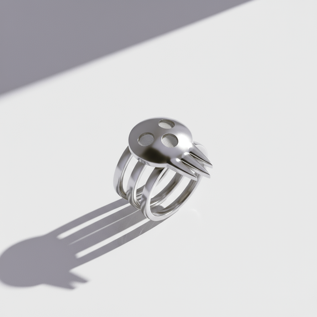 An anime-inspired ring with a character holding a skull-like design, evoking a gothic aesthetic.