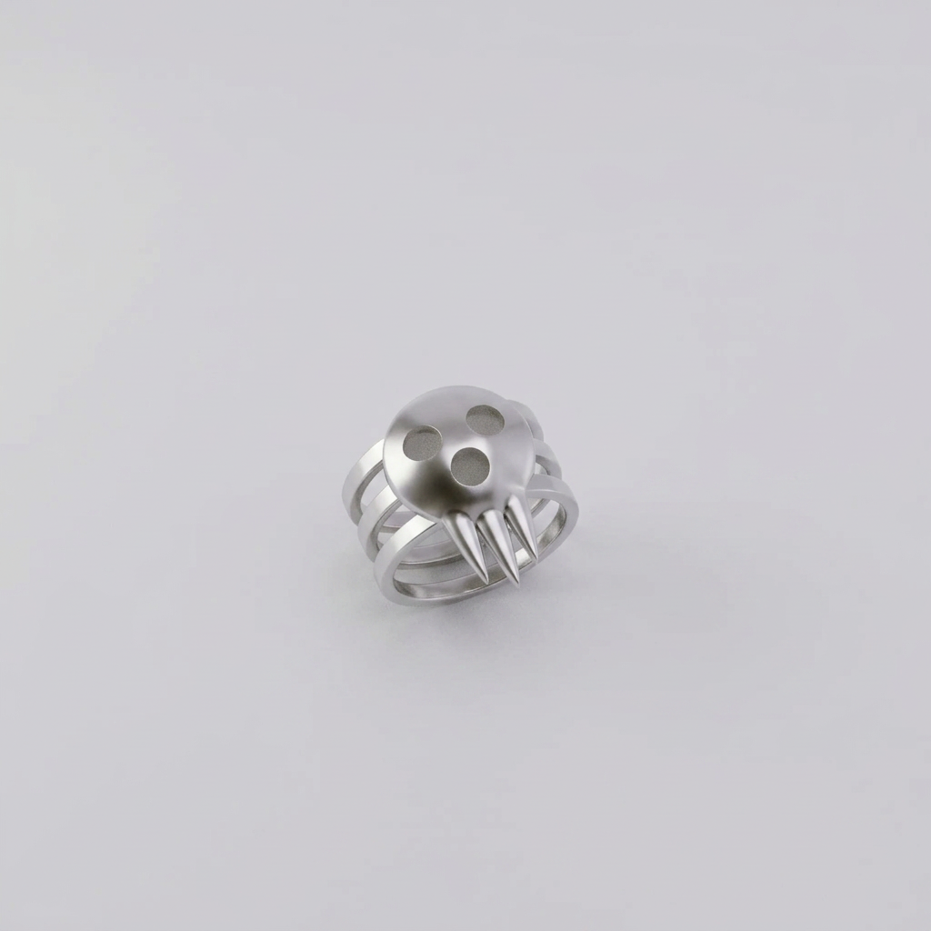 Silver ring with a unique design on a white background