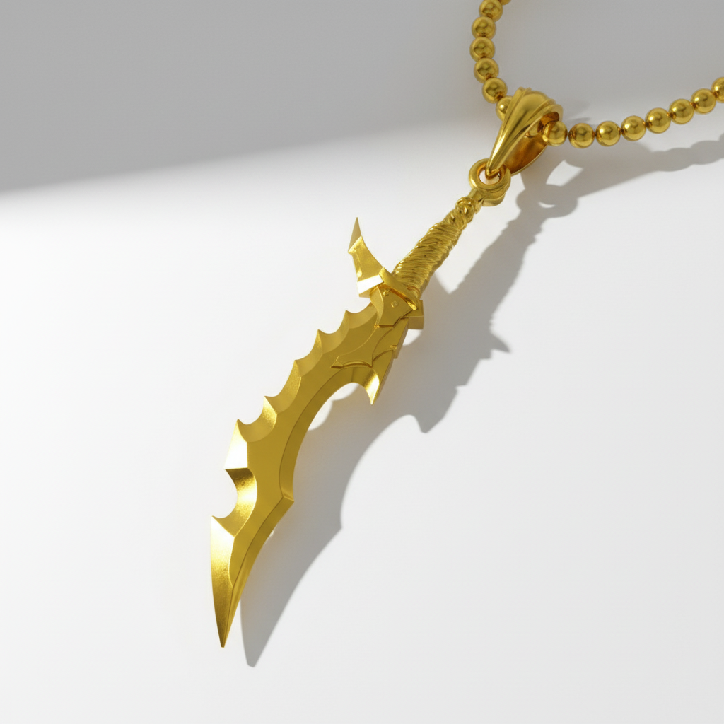 A 14K gold pendant with a geometric, asymmetrical design, featuring a curved tip and a polished finish, displayed on a gold chain against a black background.