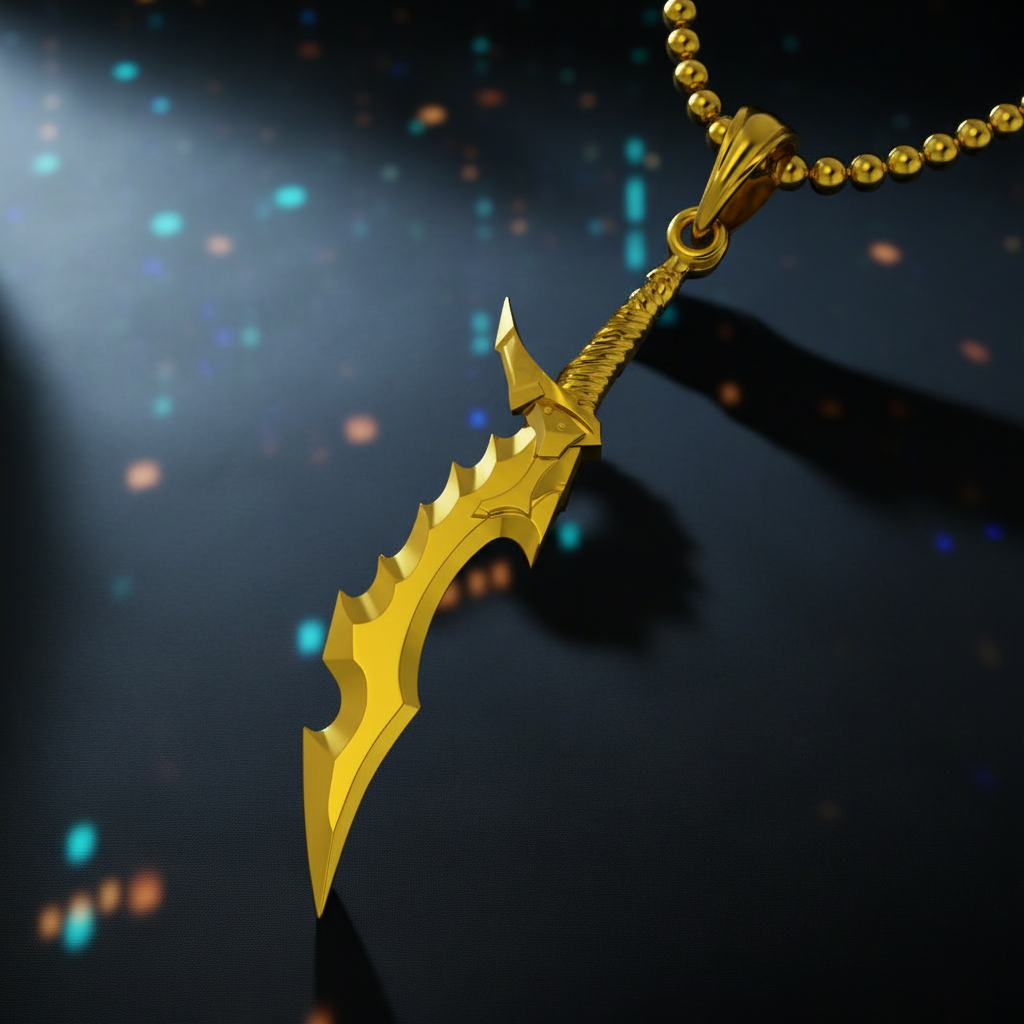 Gold sword-shaped pendant on a chain against a dark background