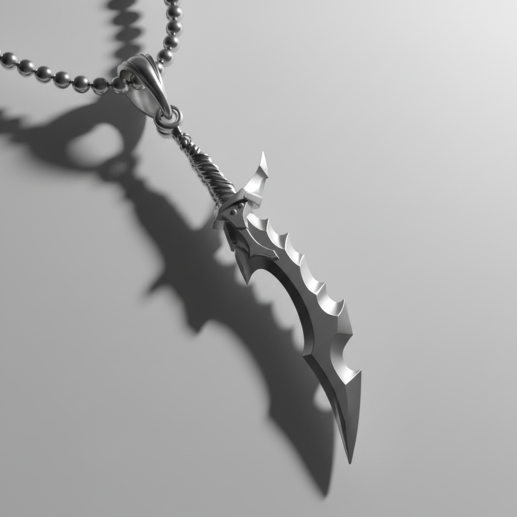 A 14K gold pendant with a geometric, asymmetrical design, featuring a curved tip and a polished finish, displayed on a gold chain against a black background.