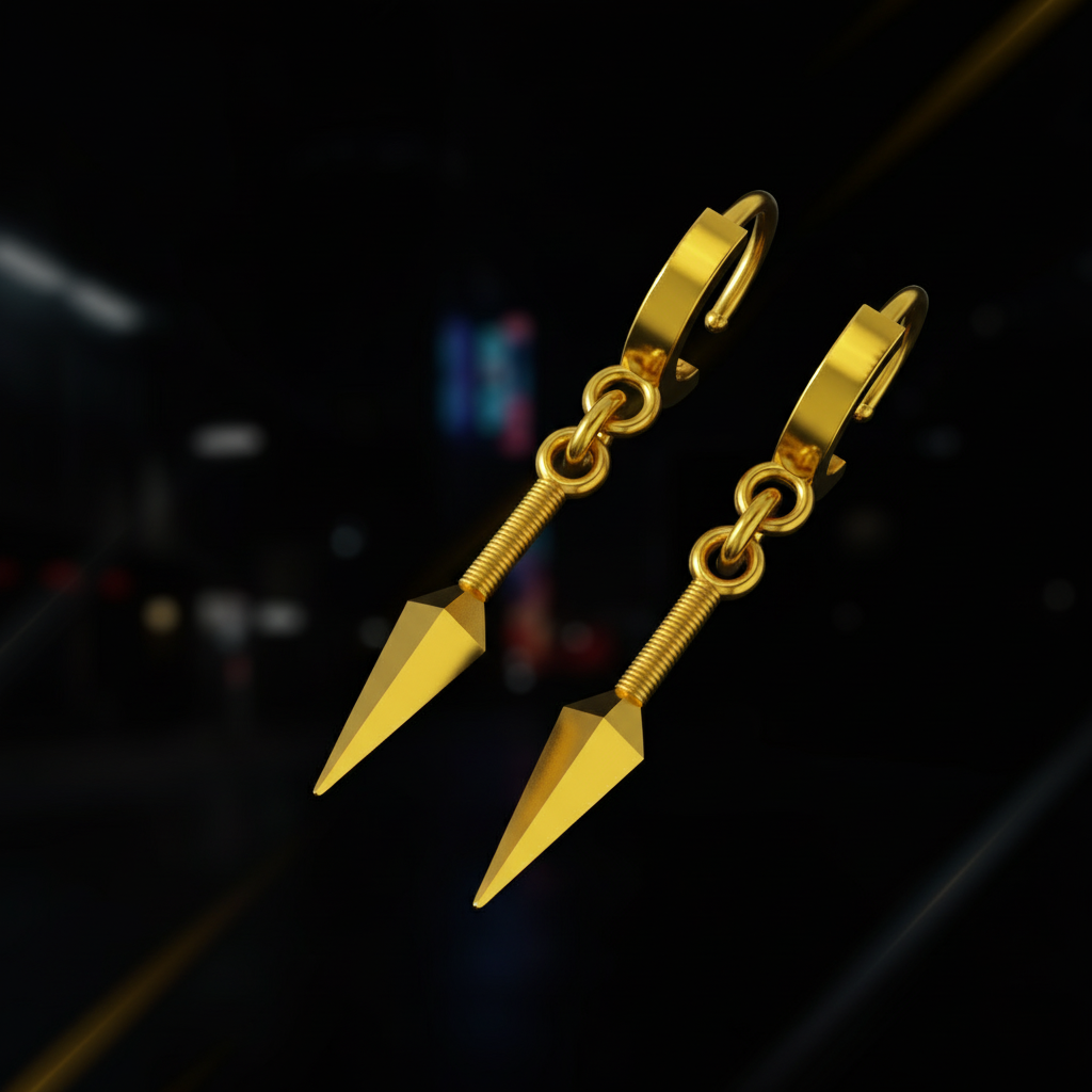Gold spearhead earrings on a dark background