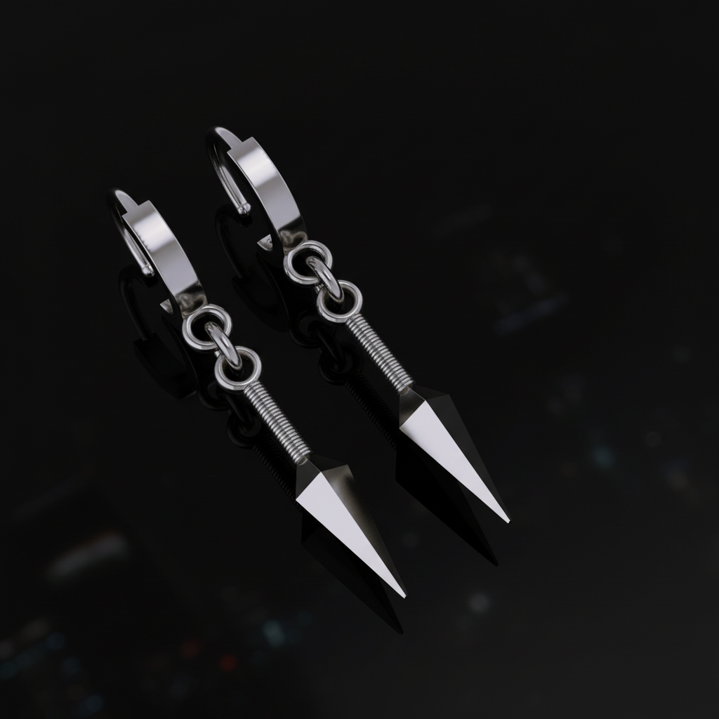 Pair of silver earring hooks with chain design on a dark background