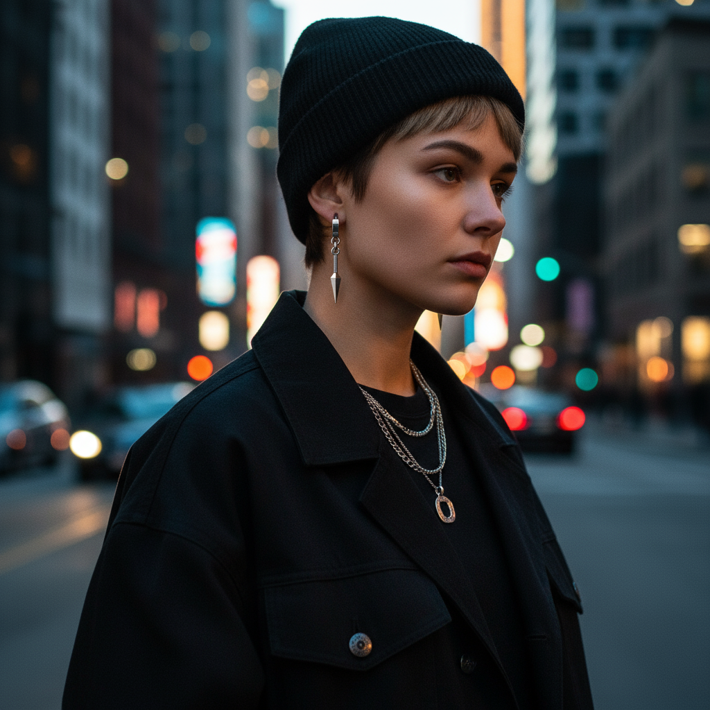 Person wearing a black coat and beanie in an urban setting with blurred lights