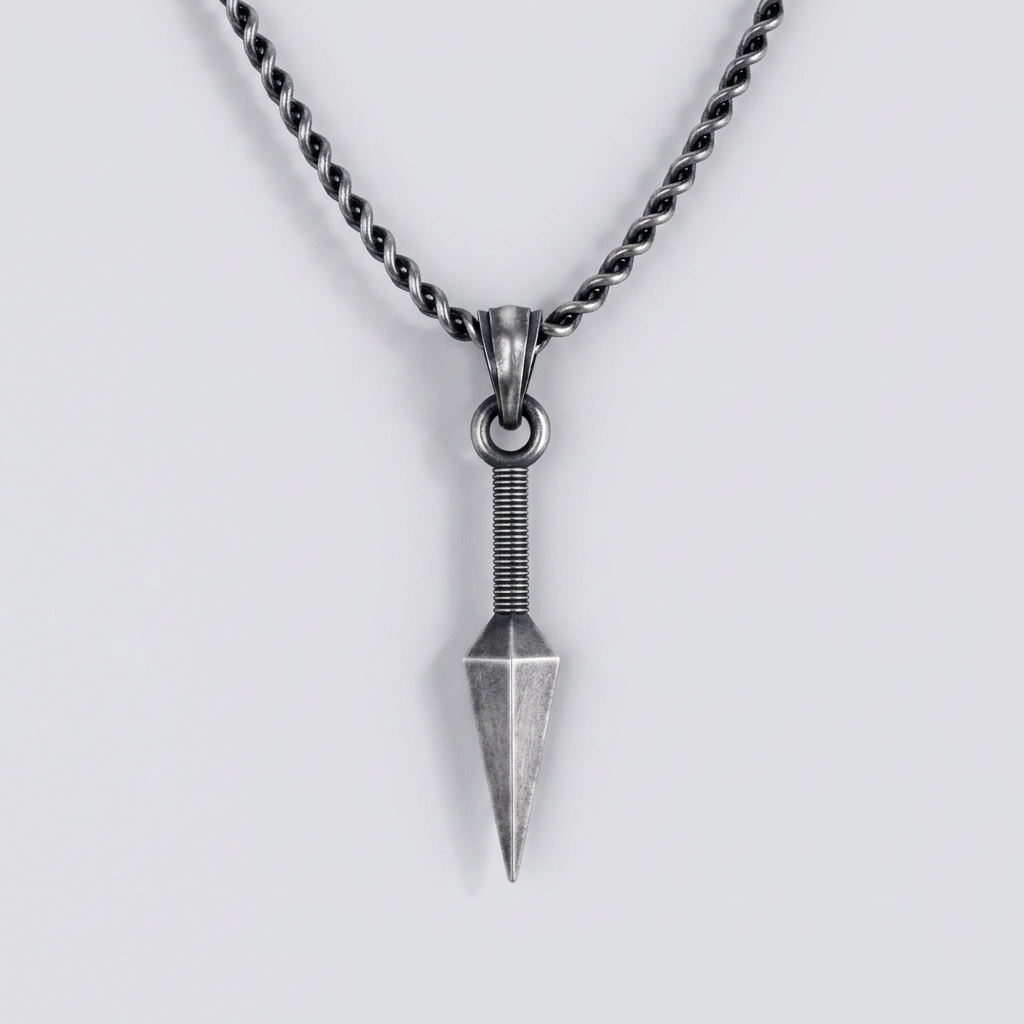A silver pendant featuring a shinobi kunai with a bandaged handle and a ring at the pommel, set against a illustrated background featuring elements from the anime world.