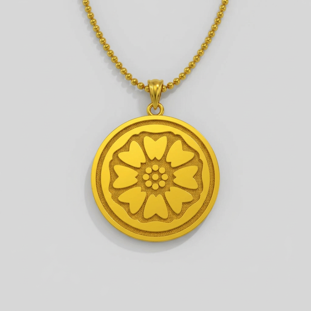Gold floral pendant necklace on a white background