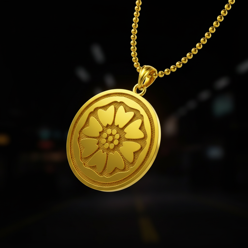 Gold necklace with a yellow floral pendant on a wooden surface