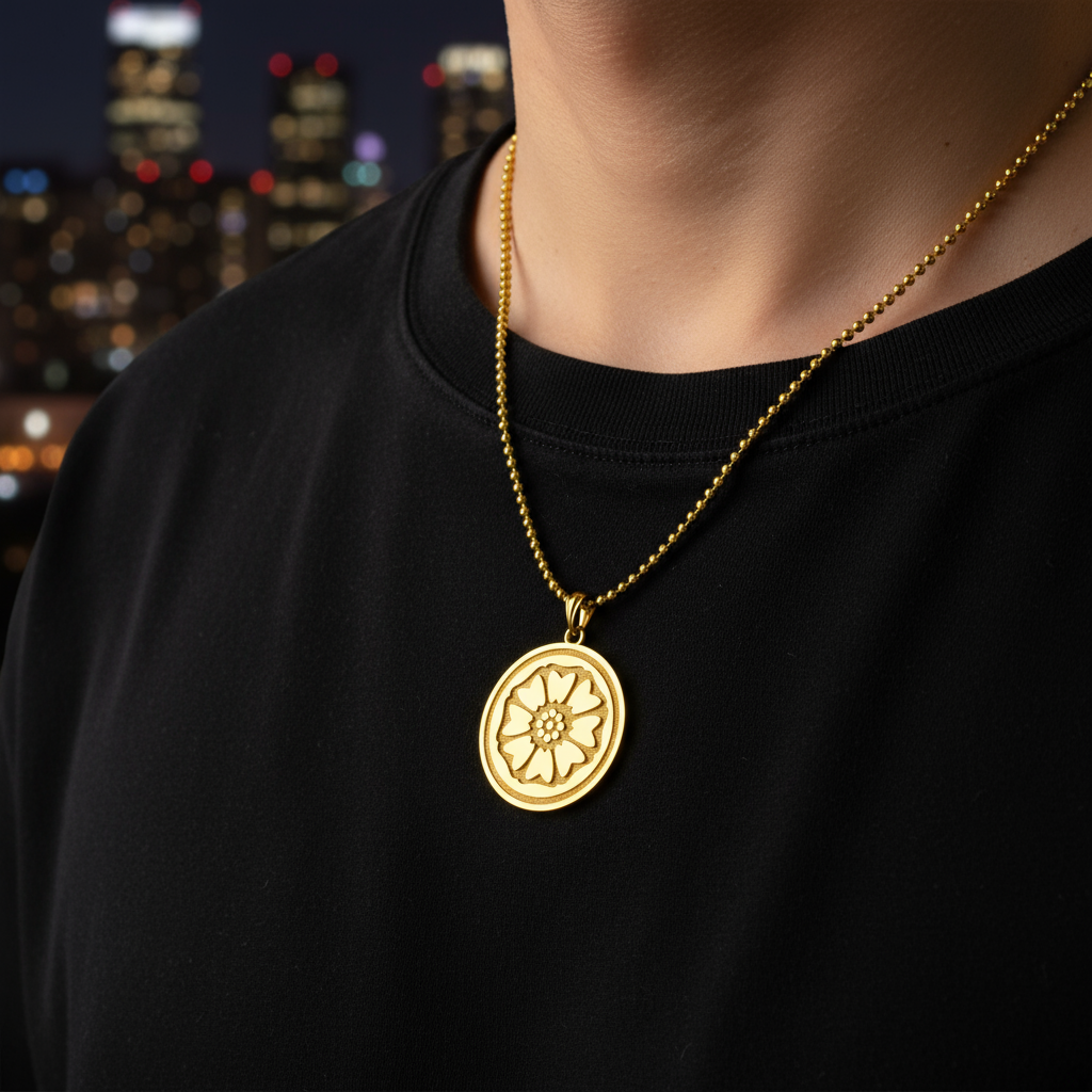 Person wearing a gold necklace with a decorative pendant against a cityscape background