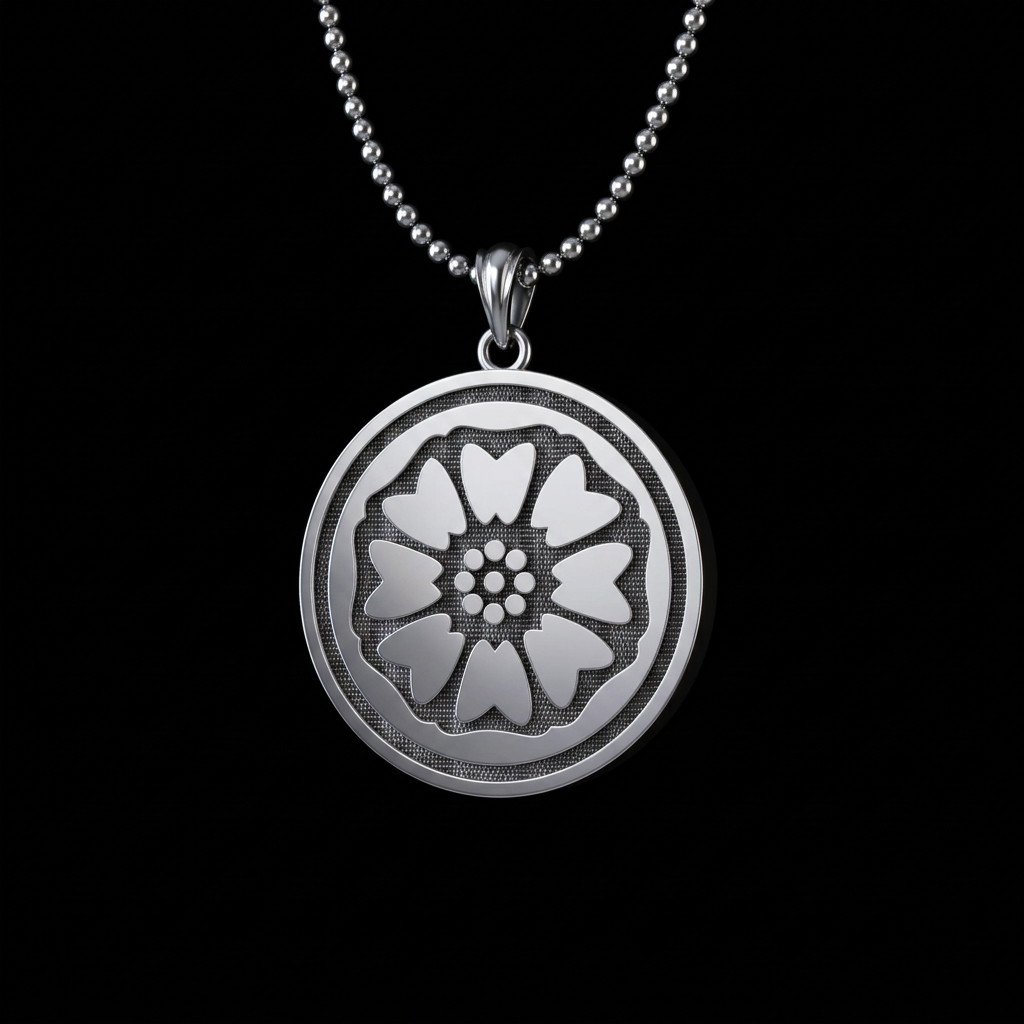 A round silver pendant necklace featuring a detailed floral cutout design, suspended from a silver ball chain against a dark, blurred background.