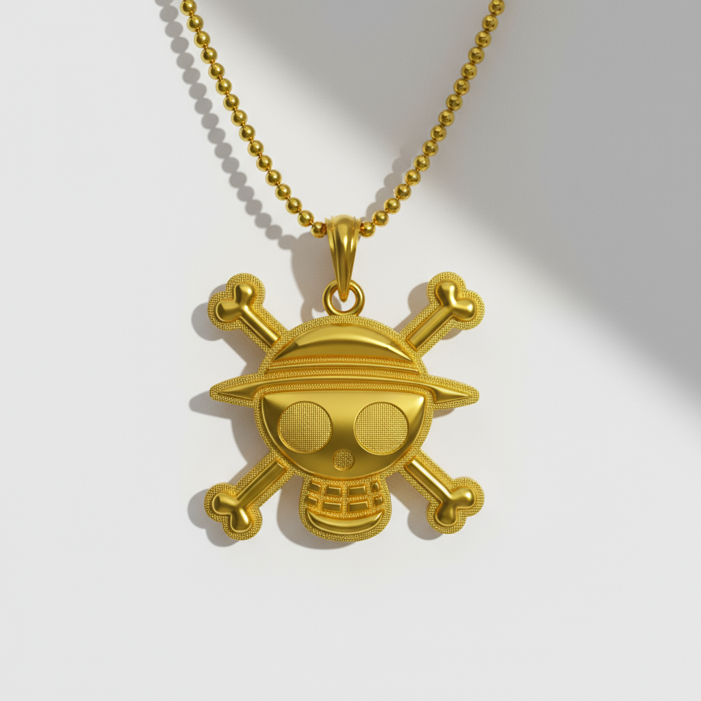 A silver pendant with a skull and crossbones design, displayed against a background featuring a straw hat and weathered textures.
