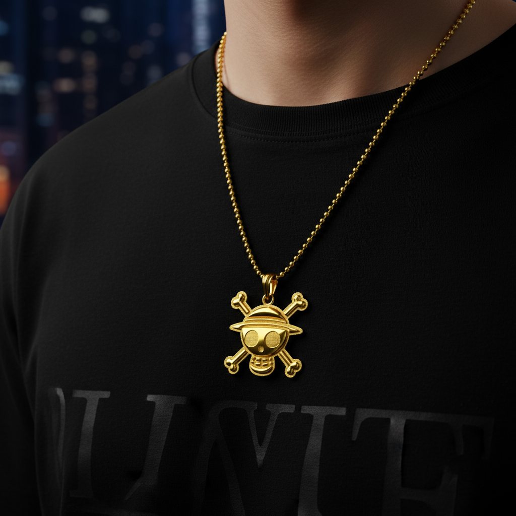 Gold necklace with a skull pendant worn by a person against a dark background