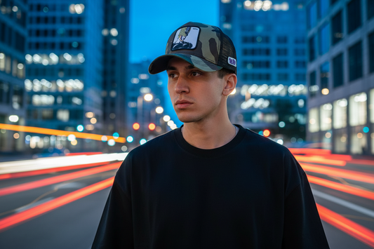 Man wearing a cap in a city street with blurred lights