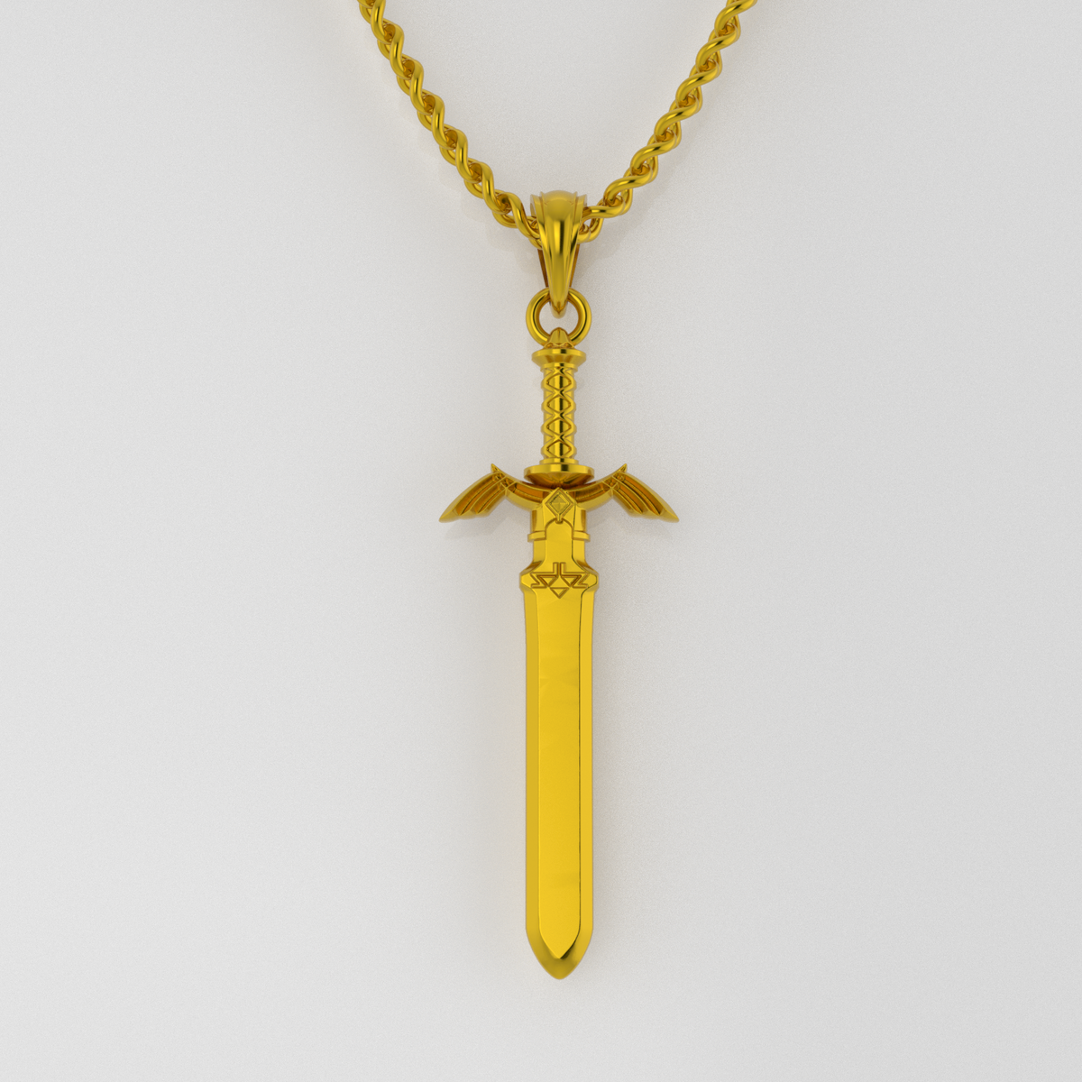 A 14K gold pendant designed to resemble a sword, displayed against a tropical beach backdrop with palm trees and a rock formation.