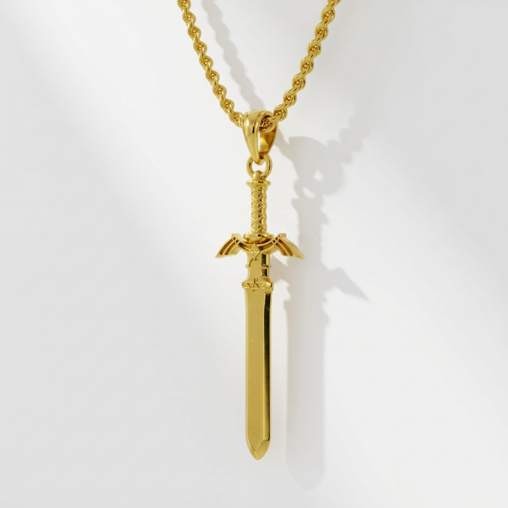 Sword of Resurrection Pendant in 14K Gold Edition on a chain with a soft shadow.