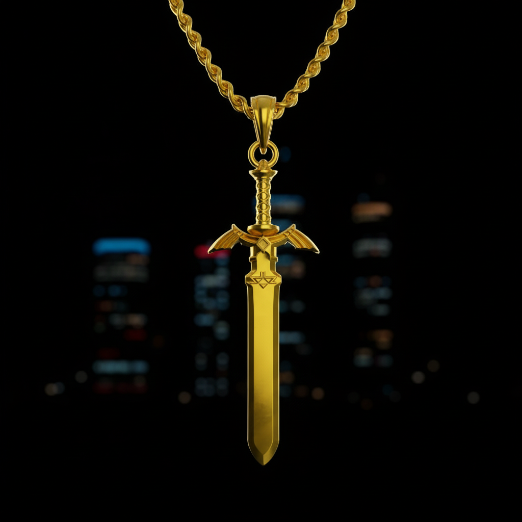 Sword of Resurrection Pendant in 14K Gold Edition hanging on a twisted gold chain against a dark background.