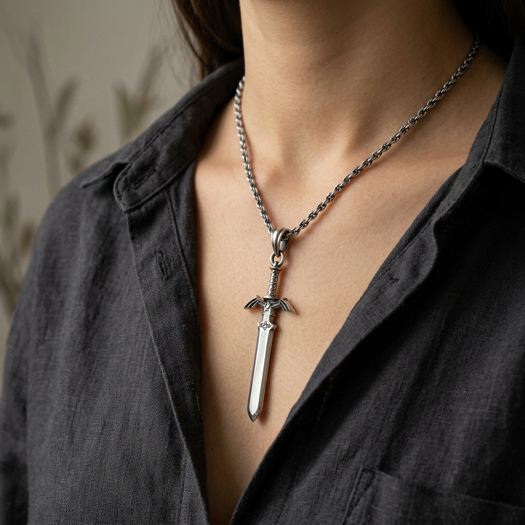 A silver pendant designed to resemble a sword, with intricate details and a polished finish, set against a nature-themed backdrop with a forest and a waterfall.