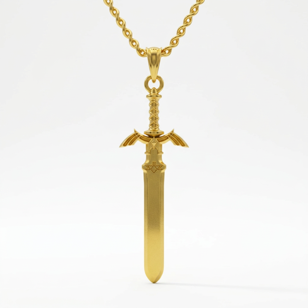 Gold sword-shaped pendant on a chain against a white background