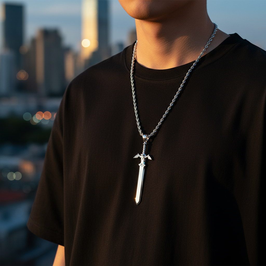 Sword of Resurrection Pendant in 14K Gold Edition worn by a person against a cityscape background.