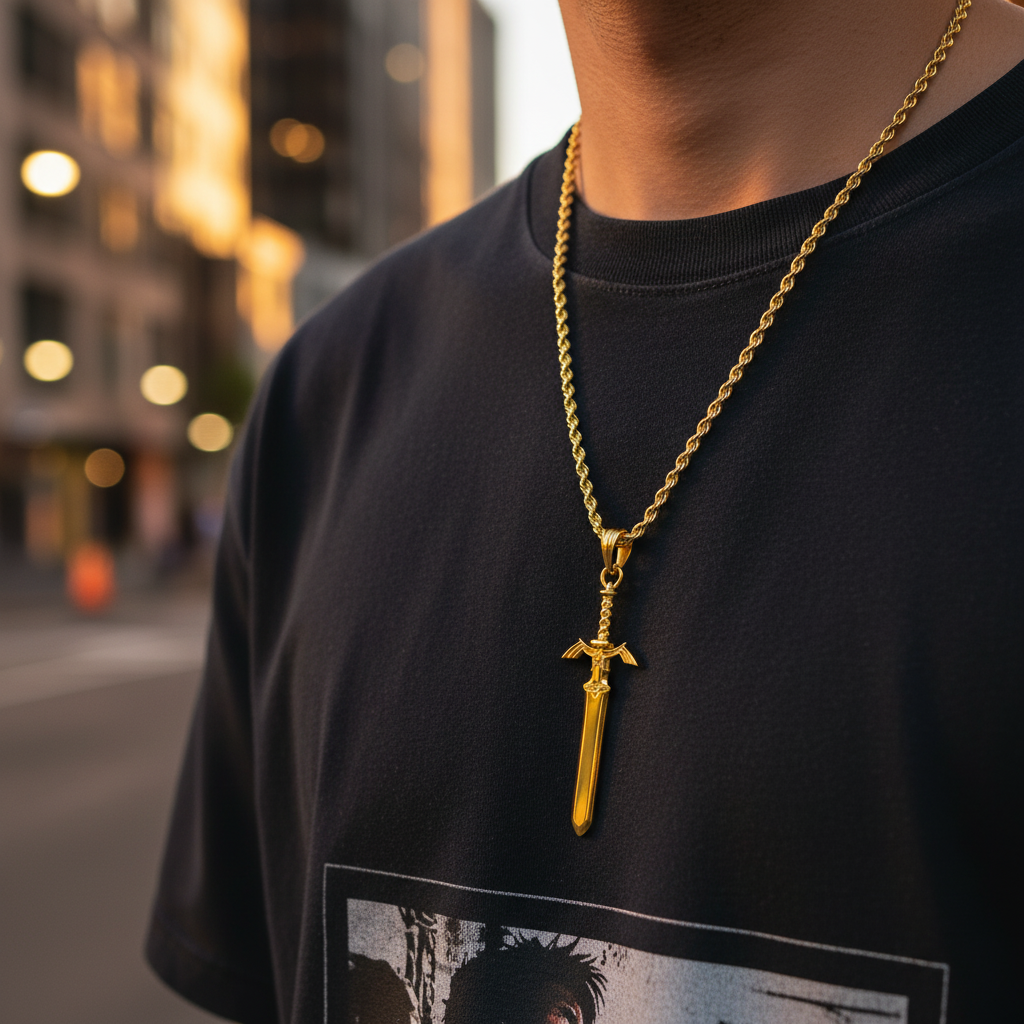 Sword of Resurrection Pendant in 14K Gold Edition worn on a chain by a person in a city setting.