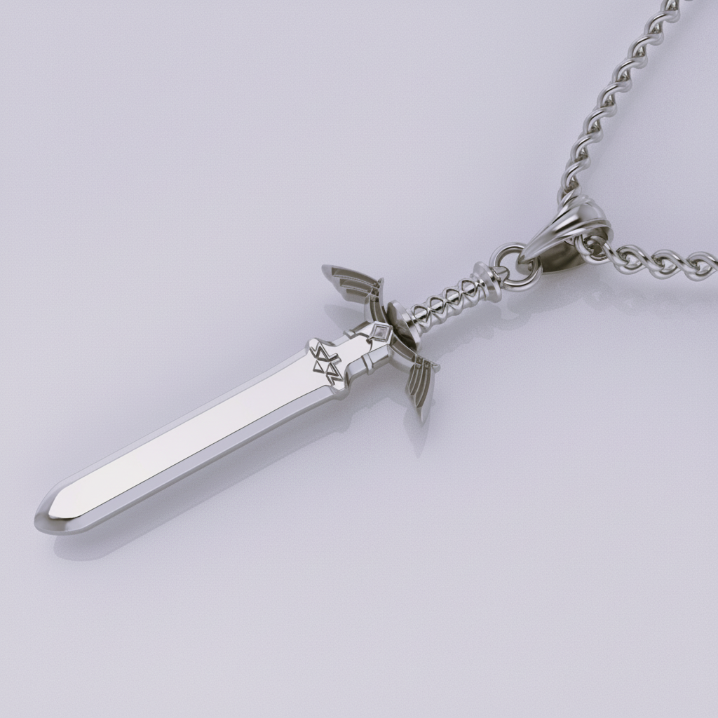 Silver necklace with a sword pendant on a light gray background