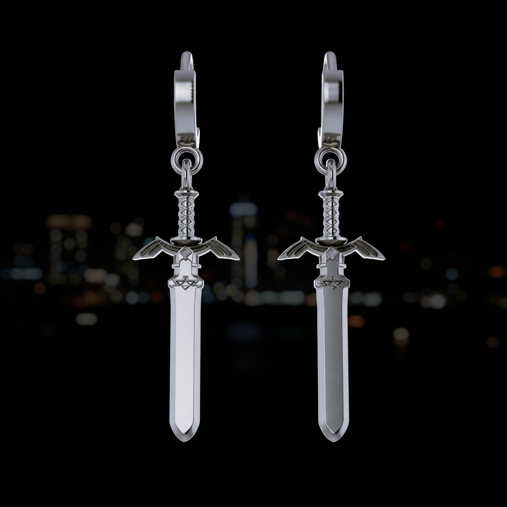 Sword-shaped earrings with a fantasy landscape background