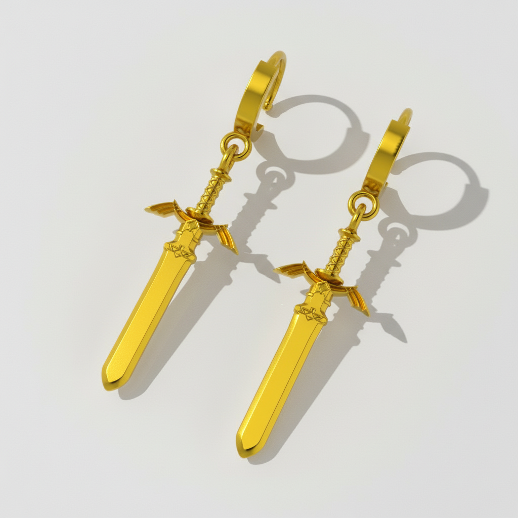 A pair of sword-shaped earrings against a fantasy-themed background with a forest and a mystical structure.